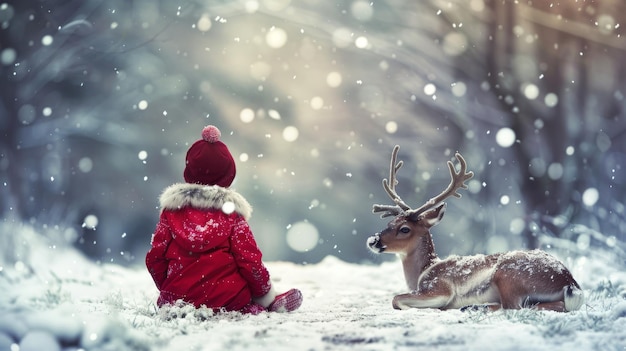 Child wearing a red winter coat sitting next to a reindeer in a snowy forest Concept of winter childhood holiday season friendship