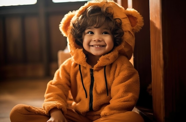 A child wearing a tiger costume sits on the floor