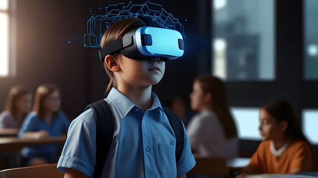 a child wearing a virtual reality glasses with the word virtual on the screen