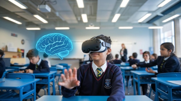 Photo a child wearing a virtual reality headset is wearing a virtual virtual virtual reality headset