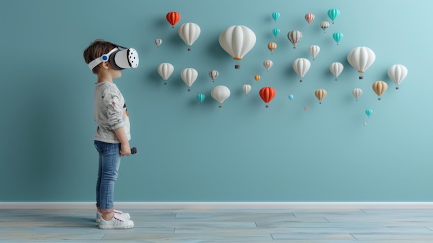 a child wearing a virtual reality headset looks at a wall with hot air balloons in the background