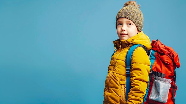 Photo a child wearing a yellow jacket with a blue backpack