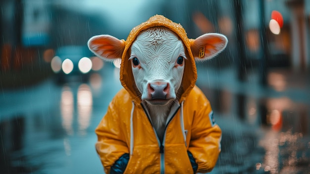 a child wearing a yellow raincoat with a cow on the back