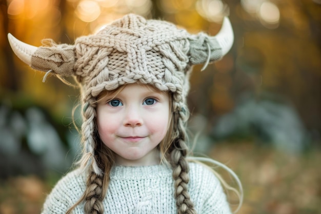 Child in a whimsical viking hat with braids posing outdoors with a soft autumn light