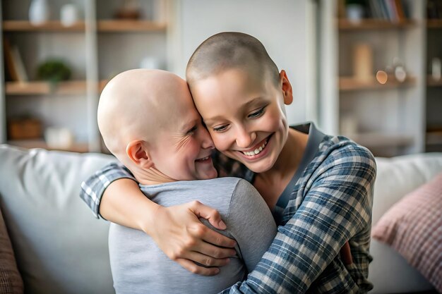 Photo child with alopecia hugging a supportive parent at home