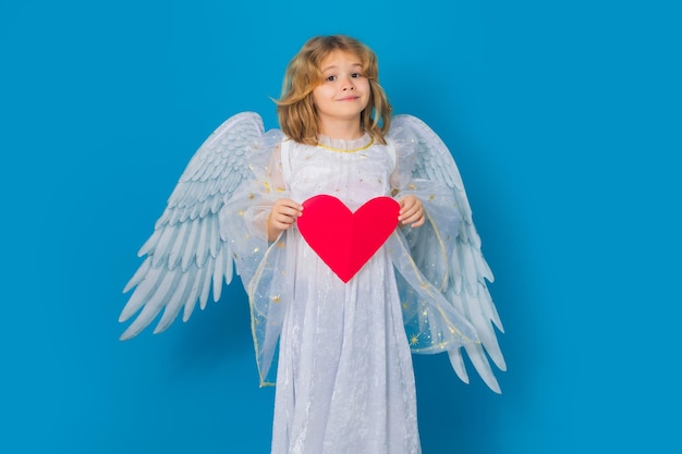 Child with angel wings hold paper heart symbol love and valentines day valentines day banner cute ch