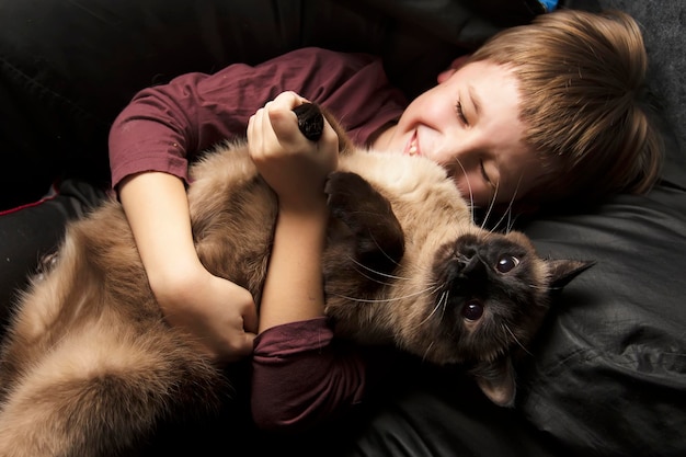 A child with an animal A boy is playing with a cat