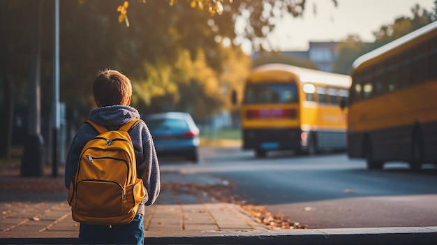 Child with a backpack eagerly awaiting the school bus a mix of nerves and excitement