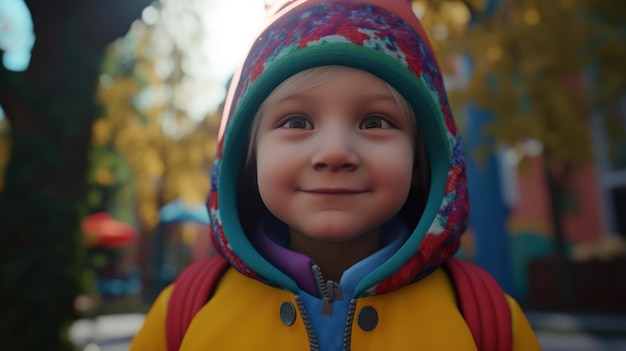 A child with a backpack and a hat smiles at the camera.