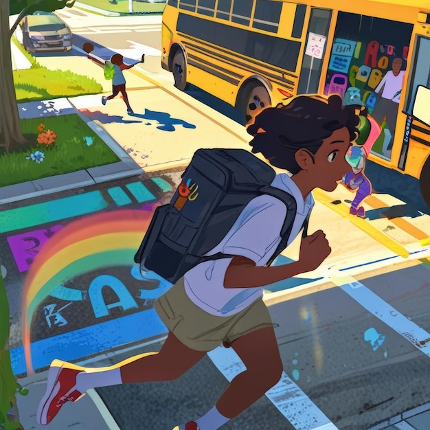 a child with a backpack running across the street with a rainbow in the background