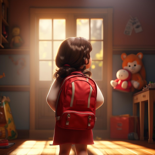 a child with a backpack standing in a room with a teddy bear on the back