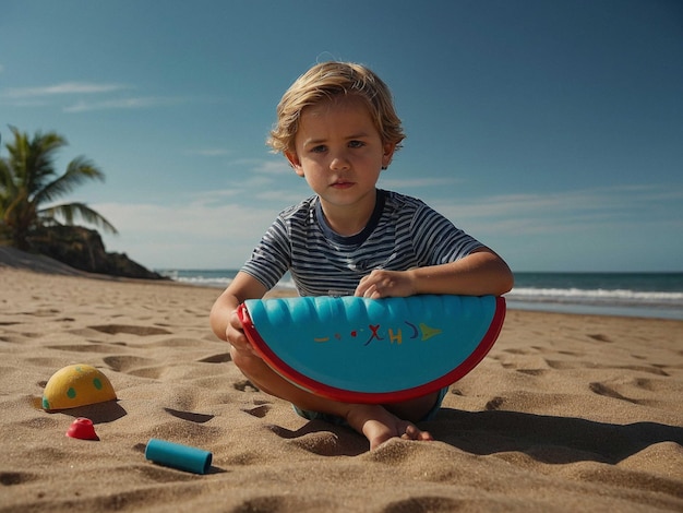 a child with a beach toy Leaning forward with a book i 2_1