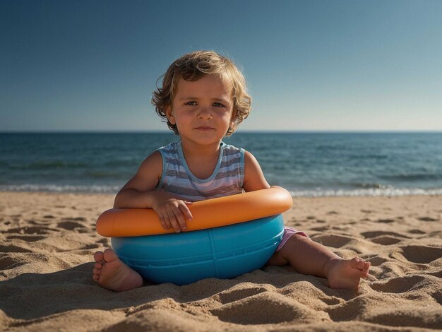 a child with a beach toy Sitting with legs uncrossed a_0