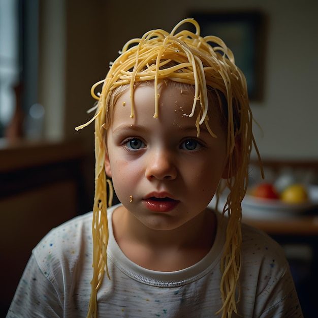 a child with blonde hair and a white shirt with the spaghetti on his hair