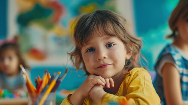 a child with blue eyes sits in front of a colorful painting