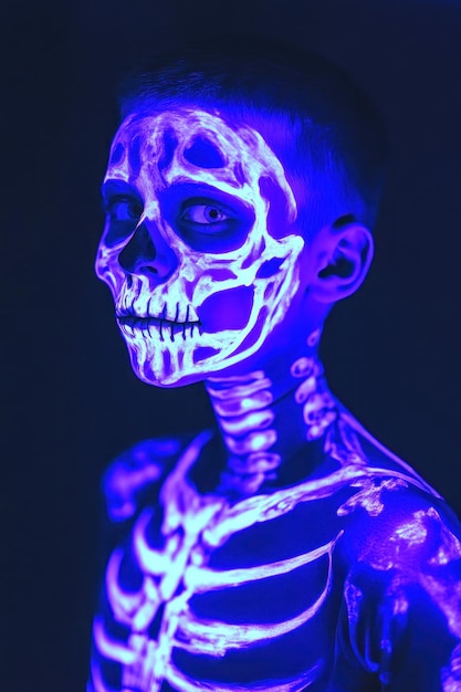 Photo a child with body paint resembling a glowing skeleton in a dark setting