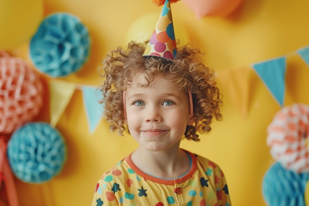 Photo child with bright decorations and party hats festive lifestyle background for fun celebrations