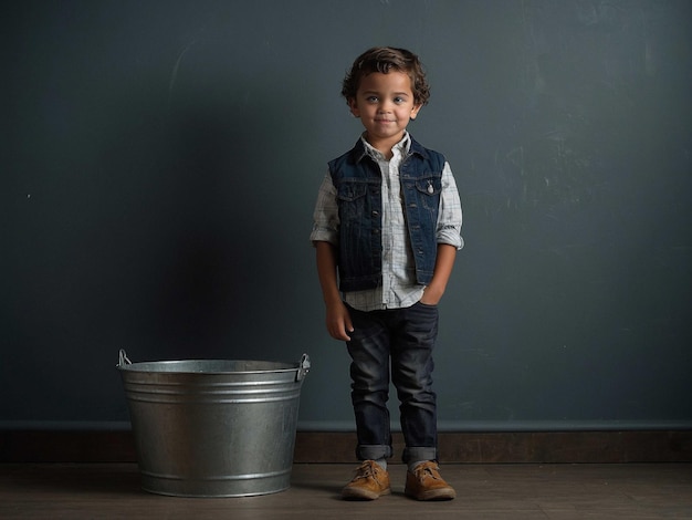 Photo a child with a bucket standing with one hand in pocket_2