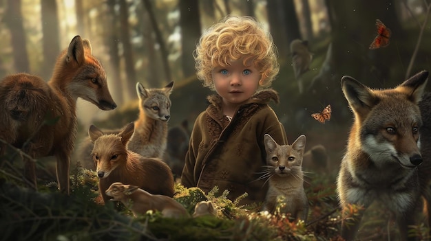 a child with a cat and a cat in the woods