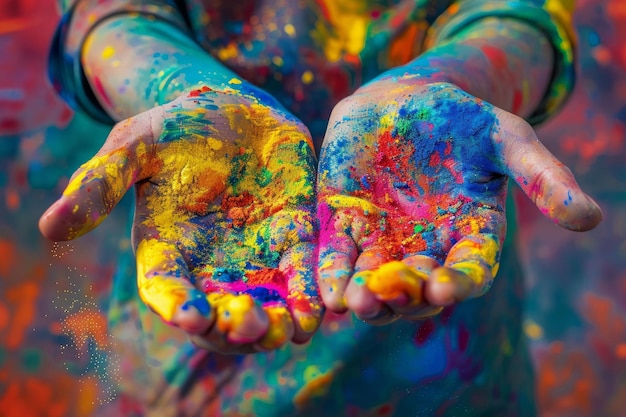 Photo a child with colored hands covered in colored powder