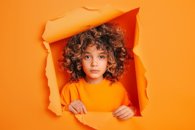 Photo a child with curly hair and orange shirt is in an orange paper with an orange background