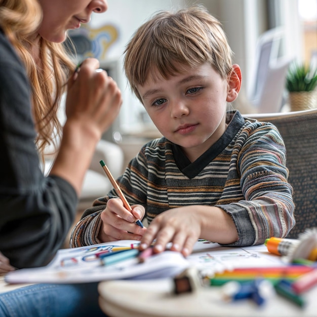 child with a disability in consultation with a child psychologist making a drawing