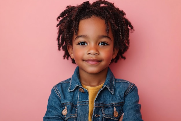 a child with dreadlocks wearing a denim jacket