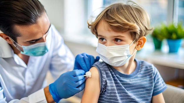 Photo child with face mask getting vaccinated coronavirus covid19 and vaccination concept