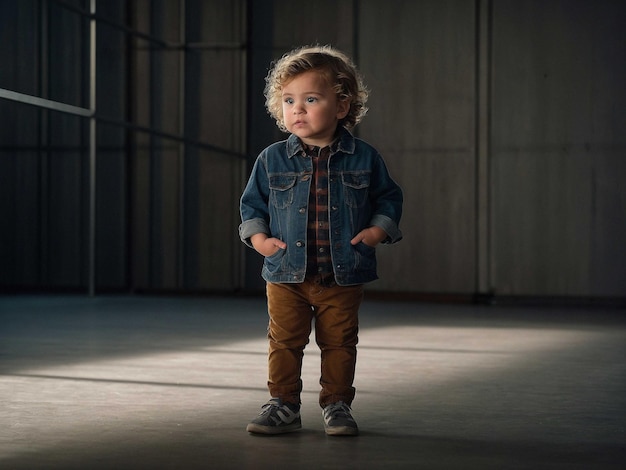 a child with fair skin and wavy hair Standing with han_0