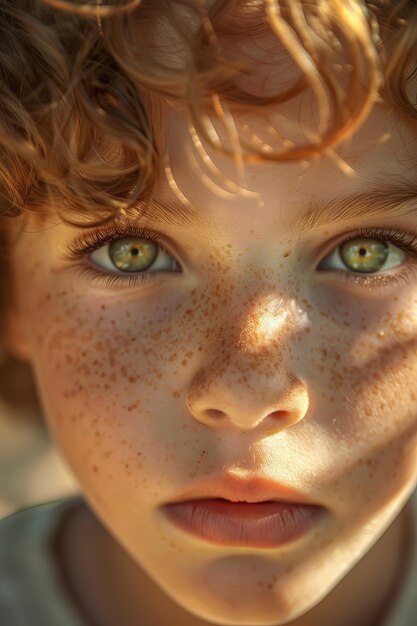 Child with freckled face and soulful eyes in sunlit outdoors looking serene and natural