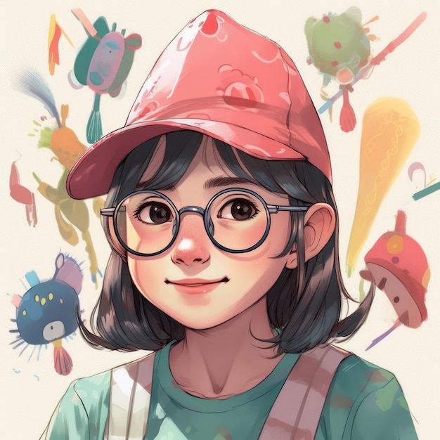 A child with glasses and a hat is celebrating her birthday cartoon illustration with generative ai