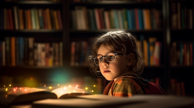 A child with glasses reading a book in a dark room with a book in the background.