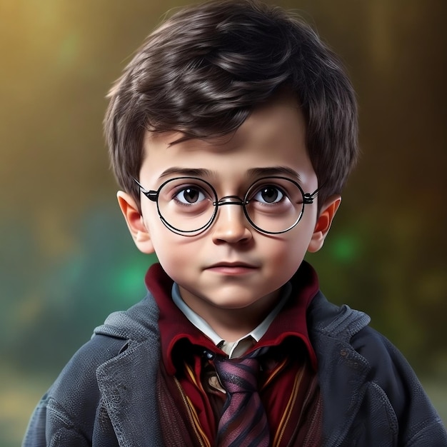 A child with glasses and a tie that says harry potter.