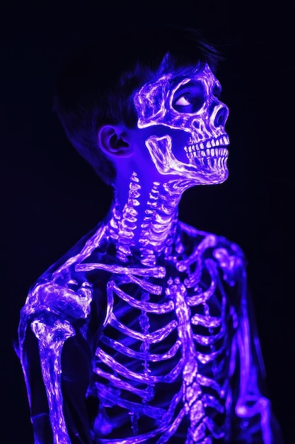 A child with a glowing skeleton design projected on their body creating a striking visual effect