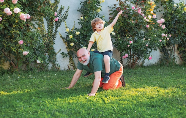 Child with grandfather dreams in summer in nature happy grandfather giving grandson piggyback ride o