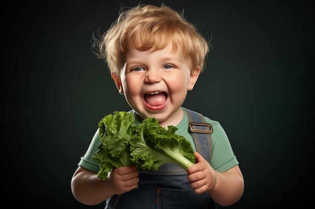 child with green lettuce