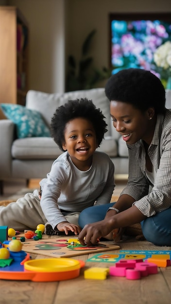 Child with her parent playing on floor in living room