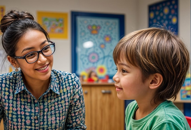 child with his therapist doing communication and attention enhancement exercises