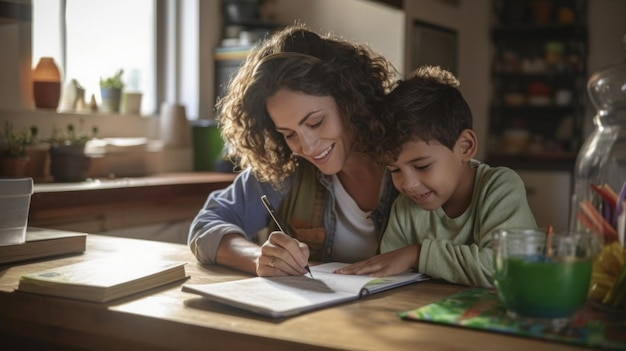 child with homework at the kitchen table