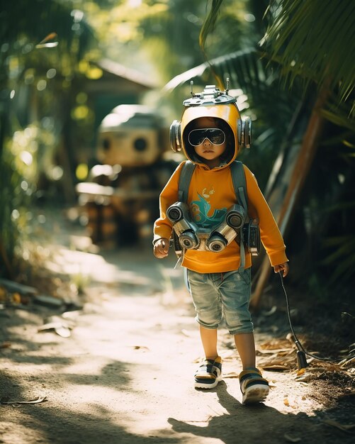 Photo a child with a jacket and sunglasses walks down a road with a robot