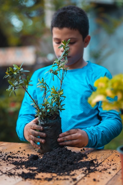 child with light blue sweater choosing the plant to sow it