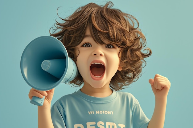 Photo a child with megaphone speaker on soft blue background