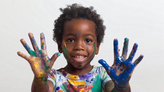 Photo a child with paint on his face and hands painted with the colors of the rainbow