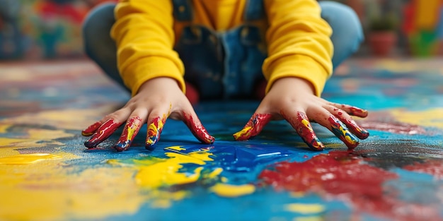 Photo child with paint on his hands and face kids hands with colourful paint