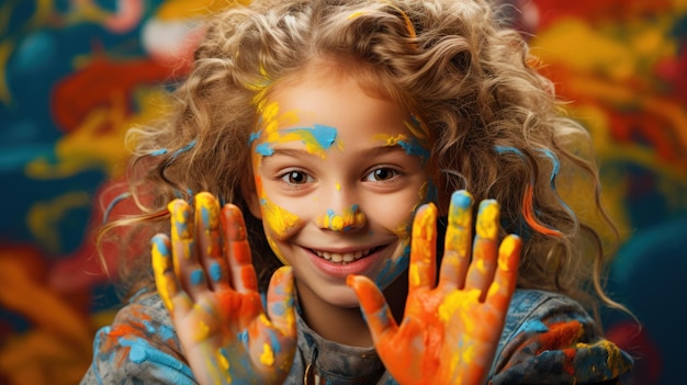 A child with paint on his hands and face showing the joy of painting