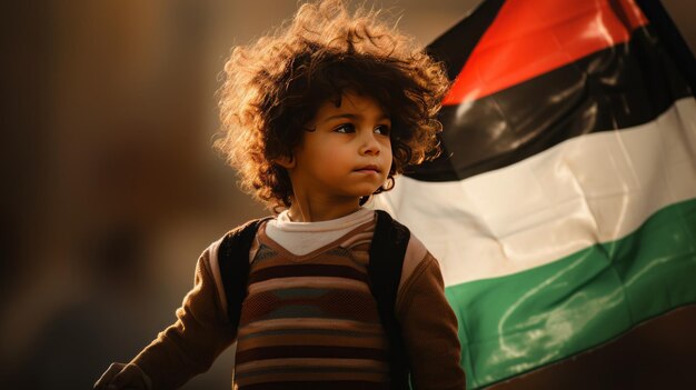 a child with a Palestinian flag background