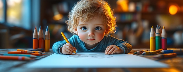 Photo a child with a pen is drawing on a paper with a pencil