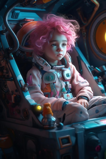 A child with pink hair sits in a space suit.