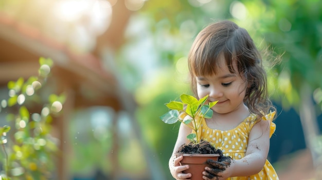 Photo the child with a potted plant