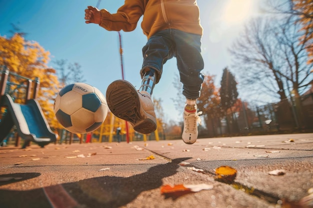 Photo child with prosthetic leg kicking football bright daylight inclusive playground setting shot with canon r5 85mm f12 lens low angle view ar 32 job id 81f0b9de80044760aea9460c02cf1c79